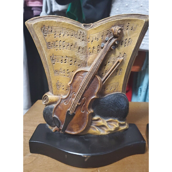 Vintage Set of 2 Syroco Wood Violin Music Sheets Bookends Syracuse Old Damage - Picture 8 of 15